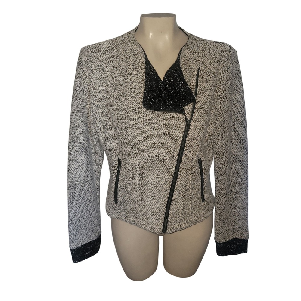 BNCI by Blanc Noir Women's Black White Textured‎ Moto Jacket SL designer luxury